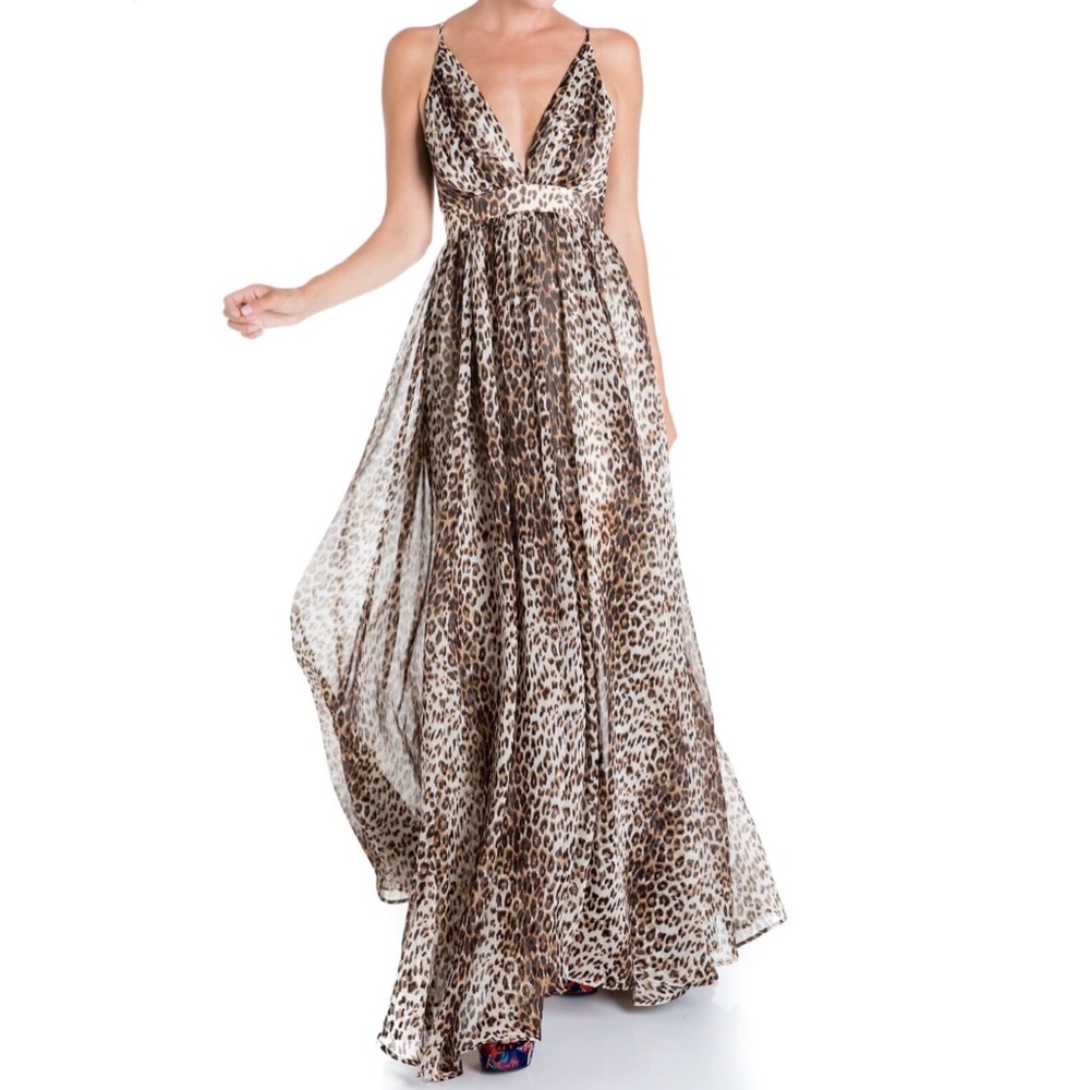 NEW MEGHAN LA Enchanted Garden LEOPARD Print CHIFFON Plunge Neck MAXI DRESS S